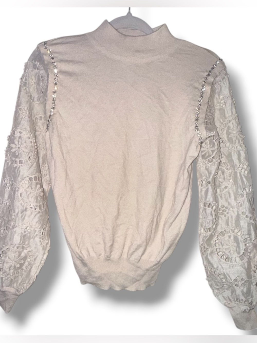 On Twelfth lace sleeve rhinestone trim sweater